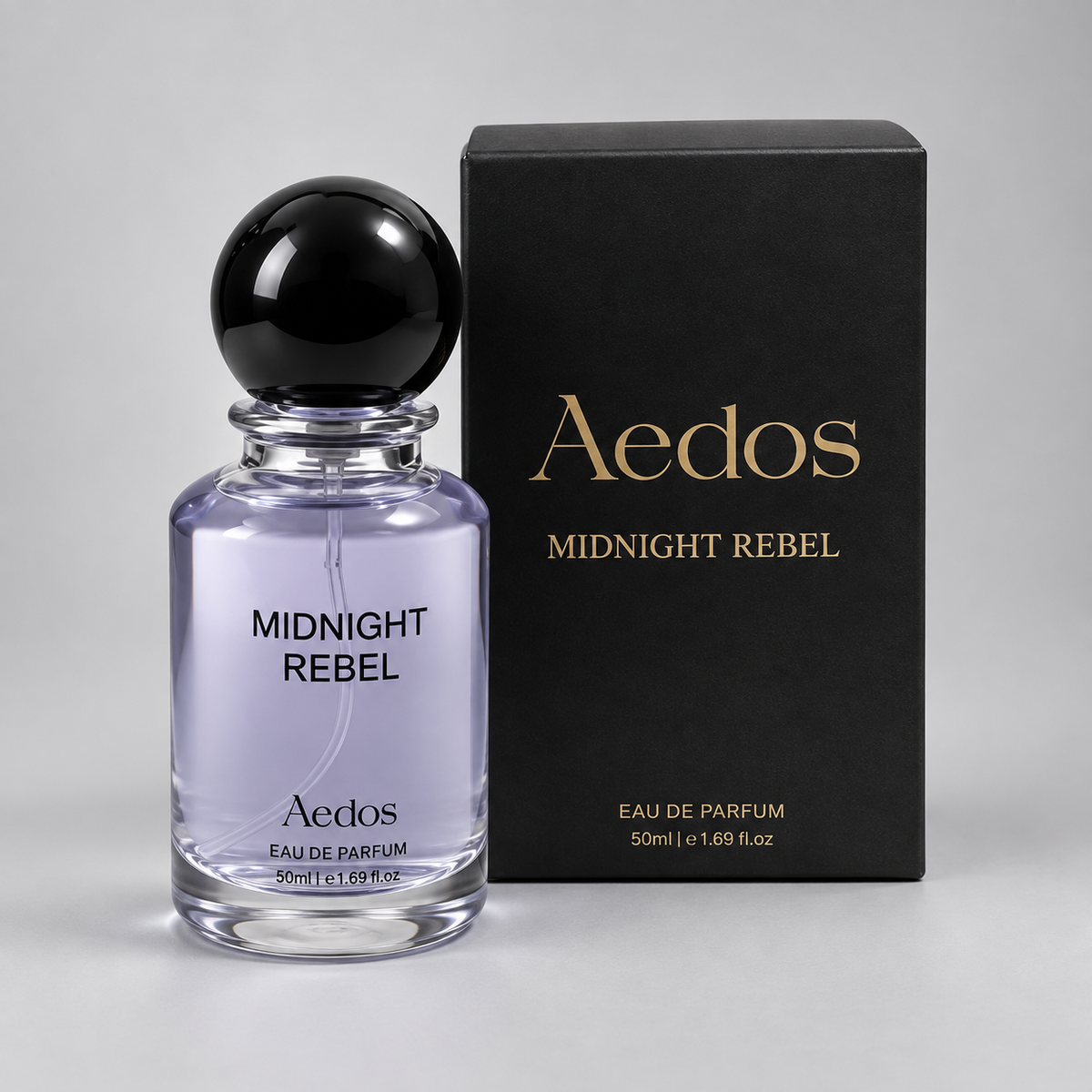 Aedos Midnight Rebel 50 ml eau de parfum bottle and box